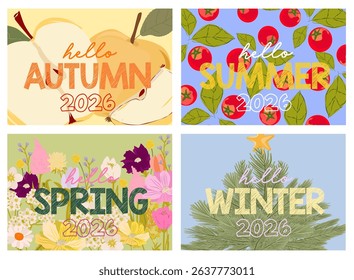 2026 seasonal greeting cards. Hello Spring, Summer, Autumn, and Winter with hand-drawn elements. Great for planners, wall art, or printables. Editable vector