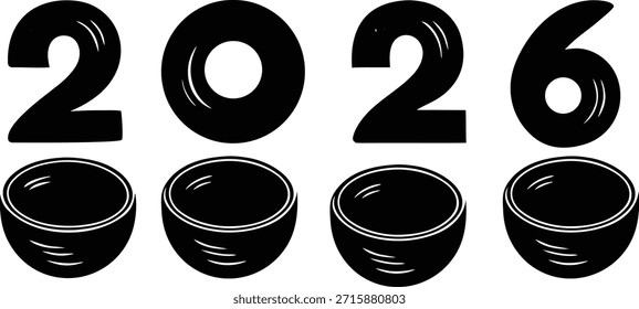 2026 shaped using ceramic bowls viewed from top, minimal flat lay composition on white background, creative New Year concept, modern decorative arrangement, perfect for festive design projects.