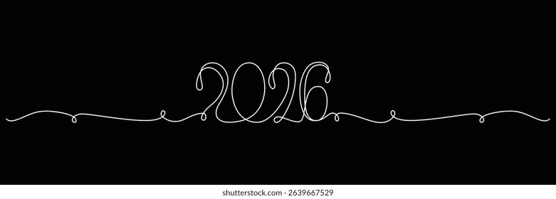 2026 sign - decoration continuous line hand drawing sign for year calendar. Vector stock illustration minimalism design isolated on black chalkboard background. Editable stroke single line. EPS10