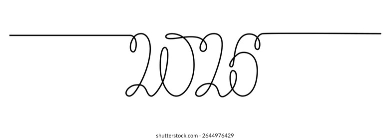 2026 sign - decoration continuous line hand drawing sign for year calendar. Vector stock illustration minimalism design isolated on white background. Editable stroke single line. EPS10