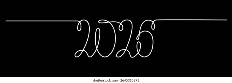 2026 sign - decoration continuous line hand drawing sign for year calendar. Vector stock illustration minimalism design isolated on black chalkboard background. Editable stroke single line. EPS10