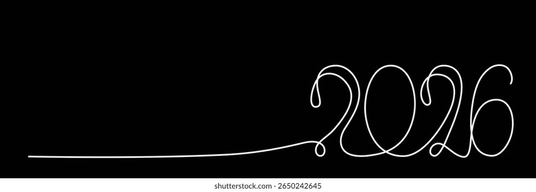 2026 sign - decoration continuous line hand drawing sign for year calendar. Vector stock illustration minimalism design isolated on black chalkboard background. Editable stroke single line. EPS10