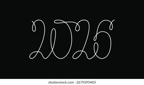 2026 sign - decoration continuous line hand drawing sign for year calendar. Vector stock illustration minimalism design isolated on black chalkboard background. Editable stroke single line. EPS10