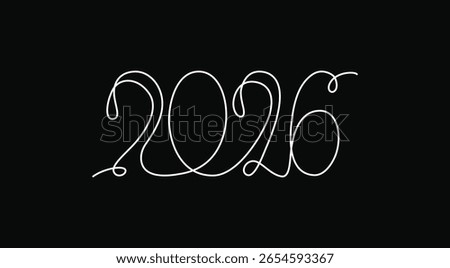 2026 sign - decoration continuous line hand drawing sign for year calendar. Vector stock illustration minimalism design isolated on black chalkboard background. Editable stroke single line. EPS10