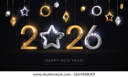 2026 silver and gold numbers hanging on black background. Vector illustration. Minimal logo with star, invitation design for Merry Christmas and Happy New Year. Winter holiday poster banner flyer