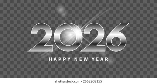 2026 silber. Glänzender Text auf transparentem Hintergrund mit Linseneffekt.