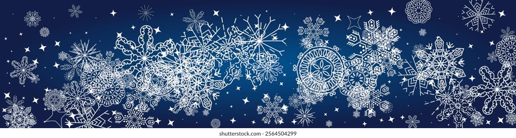 2026 Snowflakes Header Background. Christmas Vector Snow Banner. Xmas Border Design. Winter Elegant Isolated Flakes. Happy New Year Luxury Ornament. Snowy Holiday Poster. 