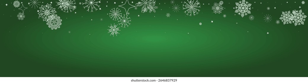 2026 Snowflakes Header on Green Background. Merry Christmas Vector Snow Banner. Happy New Year Luxury Ornament. Snowy Holiday Poster. 2026 Happy New Year . Xmas Border. Winter Elegant Isolated Flakes.