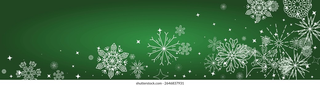 2026 Snowflakes Header on Green Background. Merry Christmas Vector Snow Banner. Xmas Border. Snowy Holiday Poster. 2026 Happy New Year . Winter Elegant Isolated Flakes. Happy New Year Luxury Ornament.
