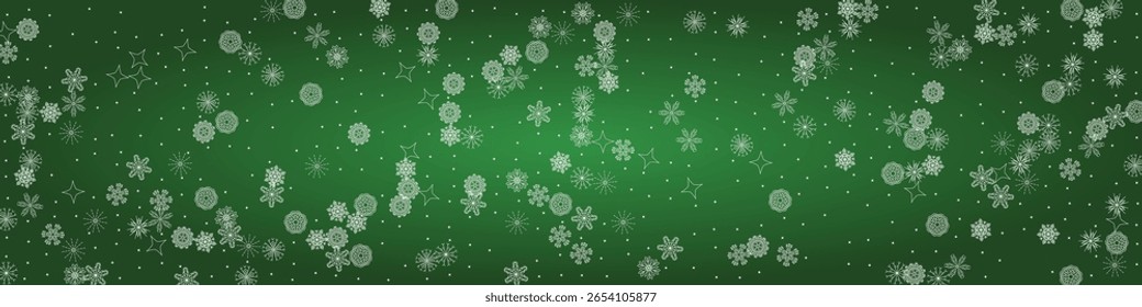 2026 Snowflakes Header on Green Background (em inglês). Cartaz de Natal Nevado. 2026 Feliz Ano Novo . Flocos isolados elegantes de inverno. Bandeira de neve de Feliz Natal. Borda Xmas. Feliz Ano Novo Ornamento de Luxo.