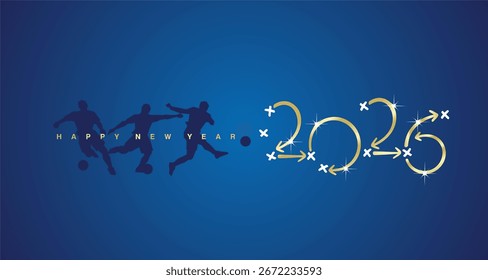 2026 Plan de estrategia de competición de fútbol Feliz año Nuevo flechas de oro fondo de tablero azul