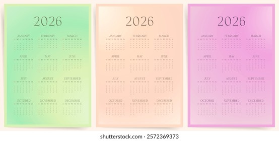 2026 Soft Pastel Calendar Set, Elegant Gradient One-Page Design, Aesthetic and Minimal Templates for Wall, Printable and Editable