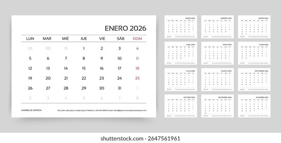 2026 Spanish calendar. Calender layout. Planner template with 12 month. Week starts Monday. Table schedule grid. Yearly stationery organizer. Horizontal monthly desk diary. Vector simple illustration