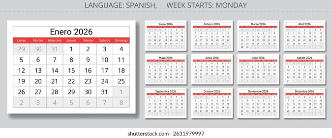 2026 Spanish calendar. A collection of paper page vector illustrations for each month in year. For Spain (all days black)