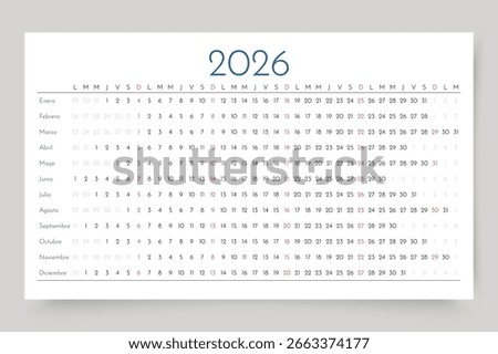 2026 Spanish calendar. Linear planner for year. Yearly horizontal calender template. Table schedule grid. Desk timetable with 12 months. Week starts Monday. Landscape orientation. Vector illustration.