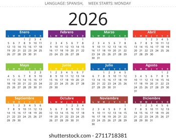 calendário espanhol 2026. Ilustração de vetor multicolor para Espanha - calendário anual