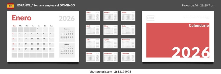 Calendário espanhol 2026 Planner Conjunto de Modelo Página Mensal com Nota e capa com Lugar para Foto, Logotipo da Empresa. Layout de grade de vetor de parede ou organizador de mesa com início de semana domingo. Páginas tamanho A4