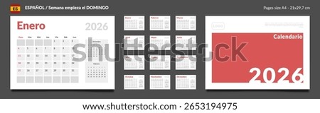 2026 Spanish Calendar Planner Set of Template Monthly Page with Note and cover with Place for Photo, Company Logo. Vector grid layout of wall or desk organizer with week start Sunday. Pages size A4