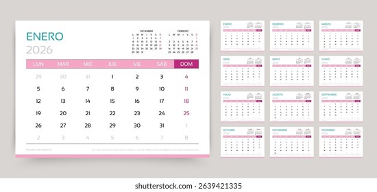 2026 Spanish calendar. Planner template. Week starts Monday. Calender layout with 12 month. Yearly table organizer. Desk schedule grid. Horizontal monthly diary with pages. Vector simple illustration