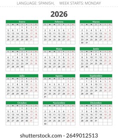 calendário espanhol 2026. Calendário do ano. Ilustração vertical vetorial para Espanha. 