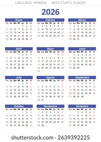 2026 spanish calendars. Vector illustration for Spain. Week starts sunday