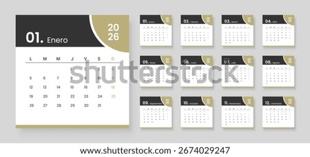 2026 Spanish language Calendar Planner. Vector layout of a wall or desk simple calendar. Business minimal modern 2026 calendar.