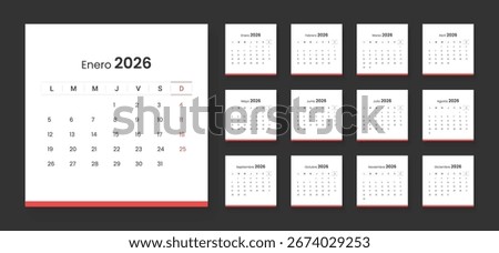 2026 Spanish language Calendar Planner Set. Vector layout of a wall or desk simple calendar.