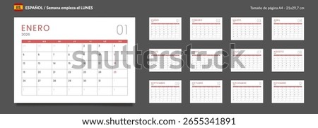 2026 Spanish language Set of Monthly pages Calendar Planner Templates. Vector layout of a wall or desk simple calendar with week start Monday in grey and red color for print. Pages size A4 21x29.7cm