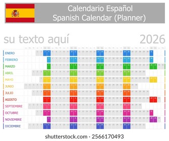 2026 Spanish Planner Calendar with Horizontal Months on white background