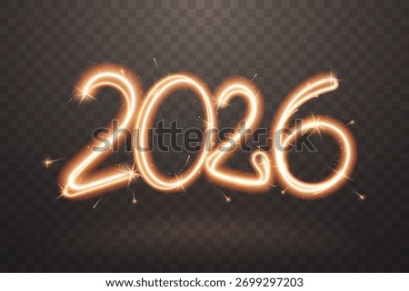 2026 sparkler number. Firework trail with glow flare effect isolated on transparent background. Sparkling New Year sign in freeze light style. Ideal for banner, flyer, poster. Vector illustration
