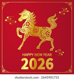 2026 Square Horse Year Greeting Card 1:1 Ratio — Features gold horse art on red background, ideal for New Year wishes