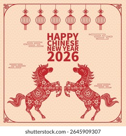 2026 Square Horse Year Greeting Card 1:1 Ratio — Features gold horse art on red background, ideal for New Year wishes