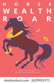 2026 Stylized Chinese New Year of the Horse Celebration with Golden coins Illustration for cover, card, poster, banner. Flyer Template,Chinese zodiac Horse symbol.
