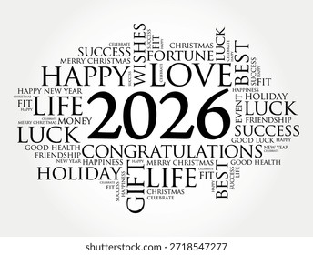 2026 rodeado de palabras edificantes como amor, vida, éxito, vacaciones, regalo, suerte, amistad, felicitaciones, lo mejor, felicidad, dinero, evento, celebrar, buena salud en un cálido diseño de celebración
