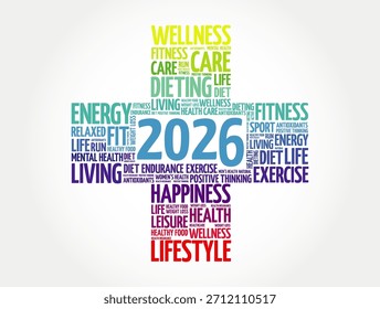 2026 umgeben von einem Wellness-Kreuz aus Worten wie Fitness, Pflege, Ernährung, Leben, Bewegung, Energie, Gesundheit, Lebensstil, Glück, entspannt, psychische Gesundheit, Antioxidantien, Ausdauer, Ernährung