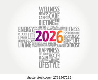 2026 umgeben von einem Wellness-Kreuz aus Worten wie Fitness, Pflege, Ernährung, Leben, Bewegung, Energie, Gesundheit, Lebensstil, Glück, entspannt, psychische Gesundheit, Antioxidantien, Ausdauer, Ernährung
