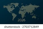 2026 symbol. World map dotted. Vector background for business, infographic, global presentation, web design, media, news, blog, report. Gold and blue gradient illustration