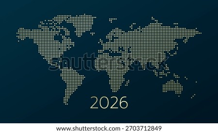 2026 symbol. World map dotted. Vector background for business, infographic, global presentation, web design, media, news, blog, report. Gold and blue gradient illustration