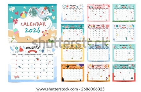 2026 table calendar week start on Sunday with holiday theme that use for horizontal digital and printable letter size