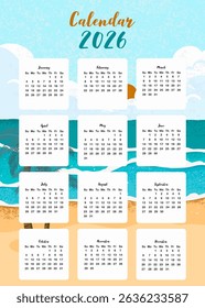 2026 table monthly calendar week start on Sunday with beach that use for vertical digital and printable A4 A5 size 