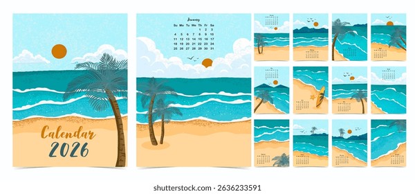 2026 table monthly calendar week start on Sunday with beach that use for vertical digital and printable A4 A5 size 