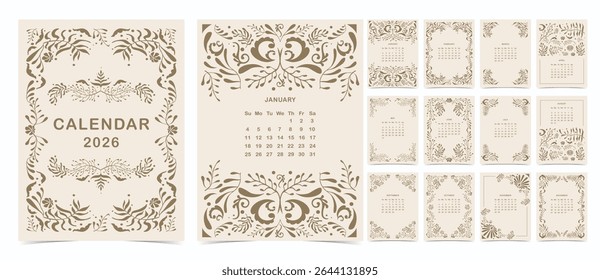 2026 mesa mensual semana calendario inicio el domingo con flor art deco que se utiliza para la Vertical digital e imprimible A4 A5 tamaño 