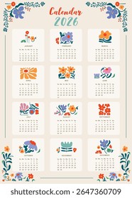 2026 table monthly calendar week start on Sunday with flower that use for vertical digital and printable A4 A5 size 