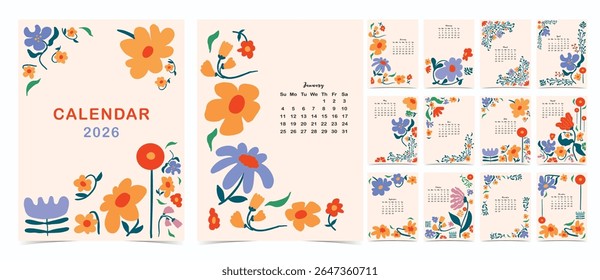 2026 table monthly calendar week start on Sunday with flower that use for vertical digital and printable A4 A5 size 