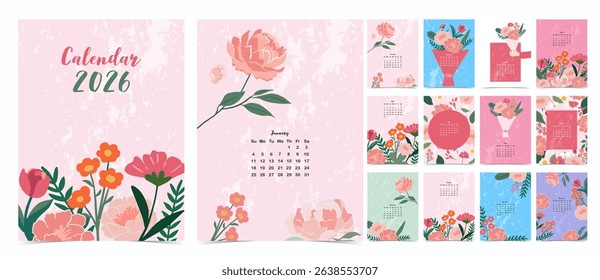 2026 table yearly calendar week start on Sunday with flower that use for vertical digital and printable A4 A5 size 