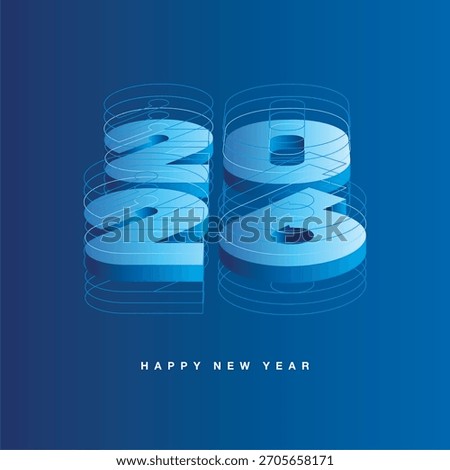 2026 technical drawing lines turn into 3D numbers in the form of a metal plate with laser precision. New Year 2026 concept design greeting card on blue background for hitech engineering