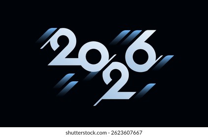 Diseño de texto 2026 con rayas diagonales degradadas en azul. Feliz año nuevo