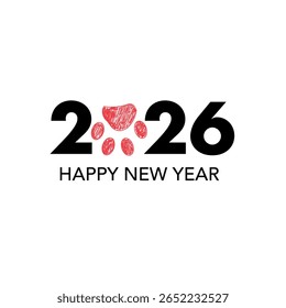 2026 text with doodle red paw print. Happy new year and merry christmas greeting card
