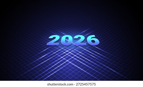 Texto de 2026 con luz azul brillante sobre fondo de perspectiva de cuadrícula digital. Concepto de visión de tecnología futura. Vector eps10.