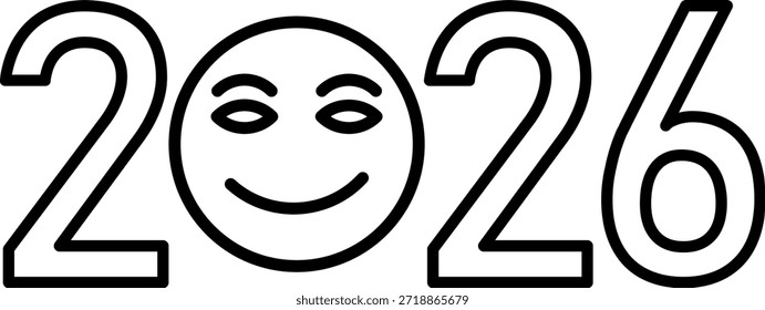 Texto de 2026 con un emoji sonriente, que representa optimismo, felicidad y un ambiente positivo de año nuevo.
